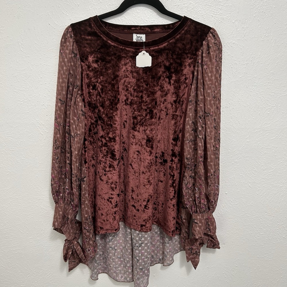 Ivu Jane Crushed Velvet Tunic Top with Sheer Floral Balloon Sleeves‎ Sz S Fairy